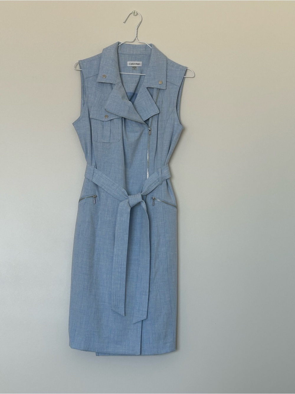 Calvin Klein Light Blue Sleeveless Moto Zip Belted Dress Women’s Size 10 Lined - Picture 4 of 14